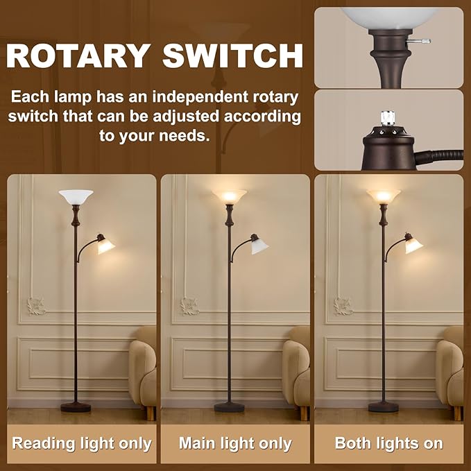 71'' Torchiere Floor Lamps for Living Room, Tall Floor Lamp for Bedroom with Adjustable Angle Arc Reading lamp, Modern Standing lamp with Glass Shade, Knob Switch, Bulb Included, Red Brown
