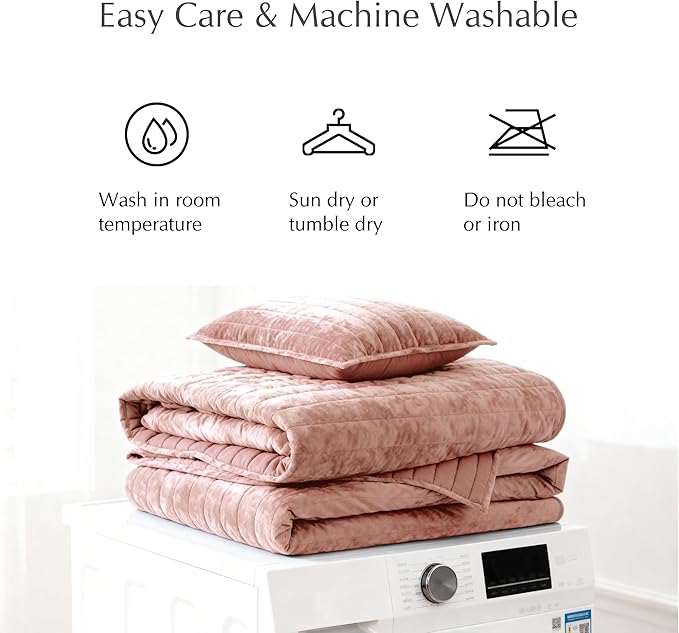 WRENSONGE Velvet Queen Quilt Set-3 Pieces Clay Pink Luxurious Velvet Striped Channel Comforter with 2 Shams, Soft Bedspread Coverlet Quilted Bedding Set for All Season