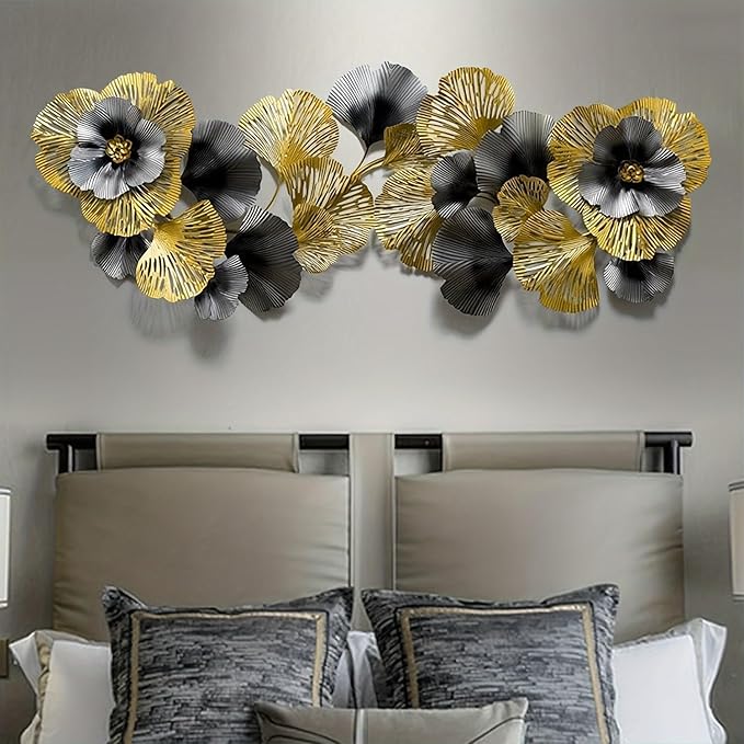 edaknez Extra Large Metal Wall Art, Metal Wall Decor for Living Room, 3D Flower Leaves Wall Decoration, Coastal Nautical Wall Hanging Sculpture, for Indoor Outdoor Black & Gold (B 145x55x6cm)