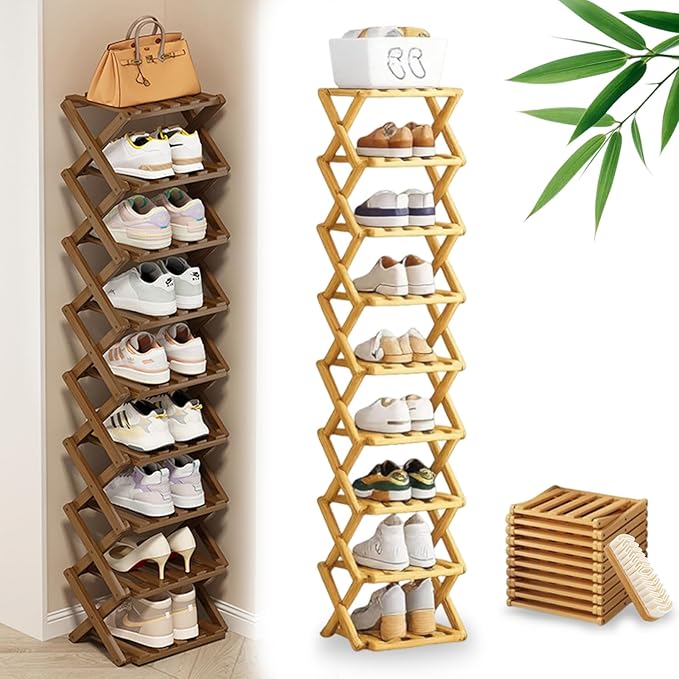 DDRIC 9-Tier No-Assembly Bamboo Rack, 2026 Upgraded Foldable Corner Shoe Rack, Space-Saving Organizer for Shoes, No-Tool Narrow Shelf for Entryway Closet Dorm (Nuture,9-Tier)