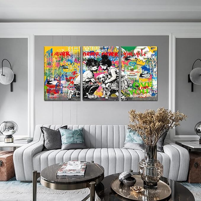 Novatique Banksy Canvas Wall Art Graffiti Pictures Wall Decor Abstract Boy and Girl Street Art Canvas Painting Home Decor Graffiti Art Oil Painting for Living Room Bedroom, 24”x 36”x 3Pcs