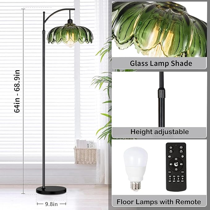 Glass Floor Lamp for Living Room,Bedroom,Gold Dimmable Standing Lamp with Remote,Mid Century Modern Brass Tall Lamp Boho Vintage Retro Floor Lamps Arc Green Flower Floor Light Lamp Bohemian