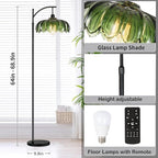 Glass Floor Lamp for Living Room,Bedroom,Gold Dimmable Standing Lamp with Remote,Mid Century Modern Brass Tall Lamp Boho Vintage Retro Floor Lamps Arc Green Flower Floor Light Lamp Bohemian