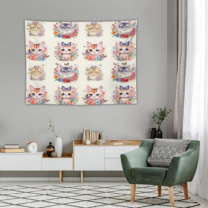 VUMIVI Watercolor Flower Cat Tapestry Colorful Cartoon Cute Animals Butterflies Abstract Art Print Tapestry Wall Hanging for Living Room Bedroom Dorm Classroom Aesthetic Decor W40xL30in