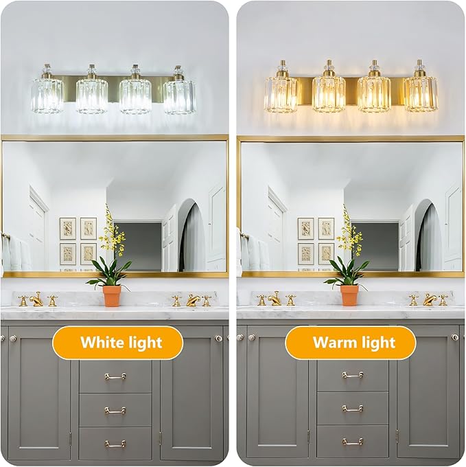 4-Light Modern Vanity Lights Brushed Brass Bathroom Light Fixtures Over Mirror Gold Bathroom Vanity Lighting with Crystal Shade E26 Base Wall Sconce for Bedroom Living Room Restroom Wall Lamp