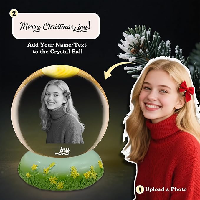 Custom Snow Globes with Photo Name Christmas Snow Globes with Light-Up Base Personalized Engraving Crystal Snowglobe Gifts for Family Women Men Kids Xmas Gift (Custom Snow Globe)