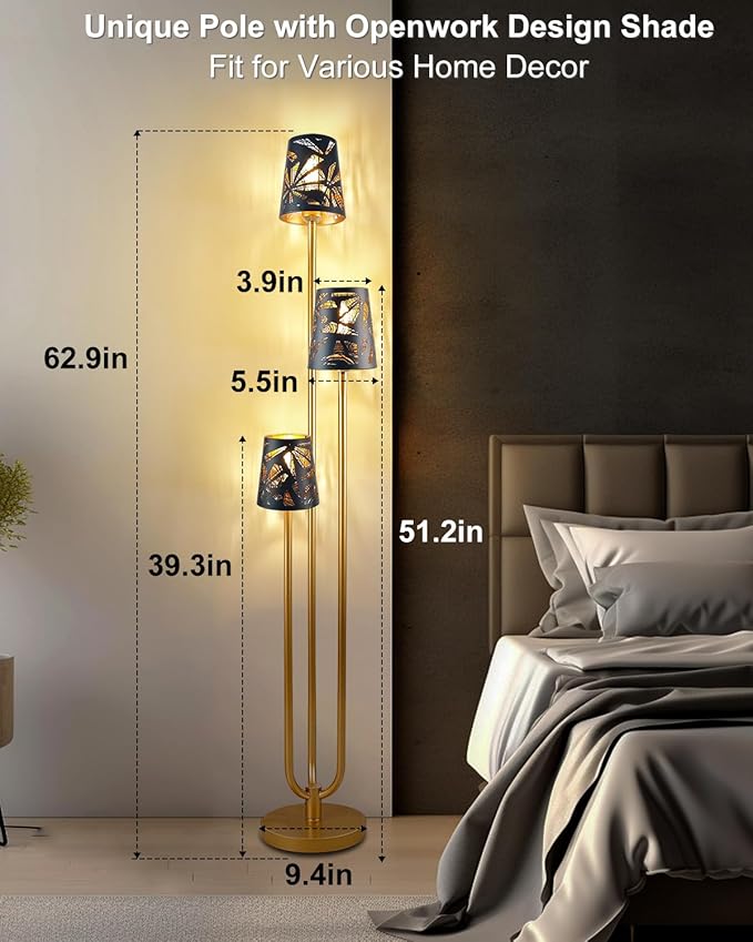 3-Light Gold Floor Lamp for Living Room, Unique Candle Holder Style Tall Standing Lamps for Bedroom, 3000K Warmwhite Mid Century Modern Floor Lamp for Home Office(Bulbs Included)