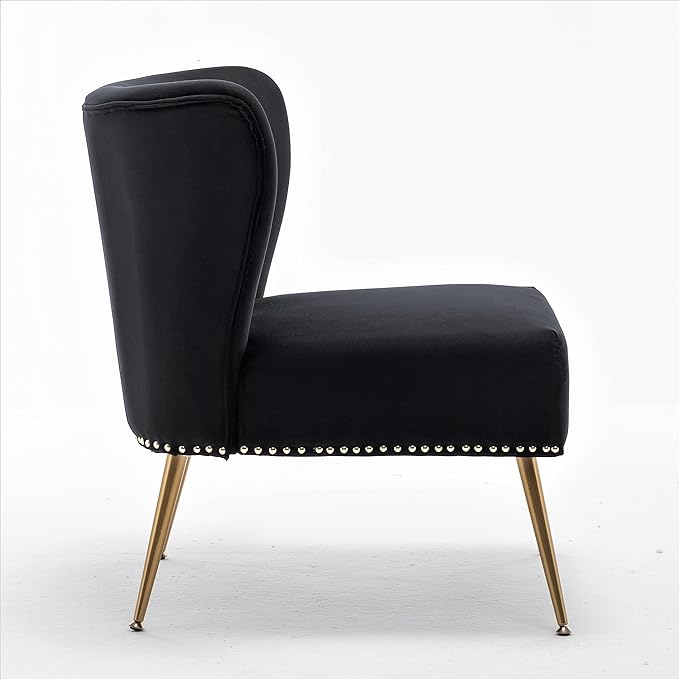 Thia Armless Velvet Accent Chair for Living Room, Elegant Seat with Nailhead Trim, Gold Metal Legs and Comfortable Curved Back, 28" D x 25" W x 29.5" H, Black
