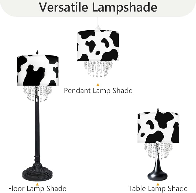 Black White Cow Print Lamp Shade with Acrylic Bead Droplets, Animal Drum Fabric Light Shade for Pendant Table & Floor Lamp, Cute Party Room Decor for Grandchild Kids Teens, 11.8in
