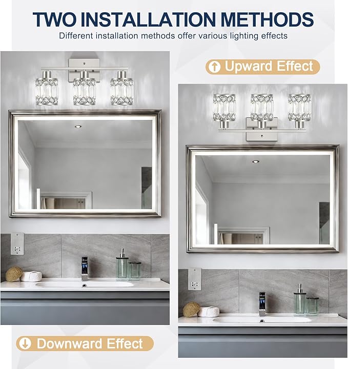 Crystal Modern Bathroom Light Fixtures, 3-Light Brushed Nickel Bathroom Vanity Wall Light, Vanity Lights for Mirror, Restroom, Bedroom (E26 Socket, Bulbs Not Included)
