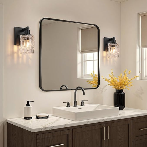 1 Light Matte Black Bathroom Vanity Light Over Mirror, Modern Vanity Lighting with Crystal Glass Shade, Wall Mount Bathroom Light Fixtures, E26 Base