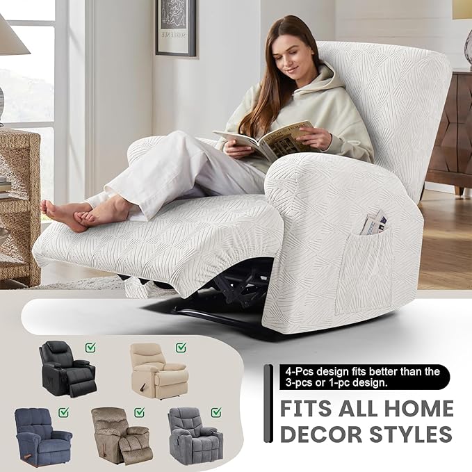 VANSOFY Oversized Recliner Chair Covers, 4-Pieces Stretch Recliner Cover Jacquard Soft Reclining Chair Slipcover Furniture Protector with Elastic Bottom for Lazy Boy Recliner(Porcelain White)