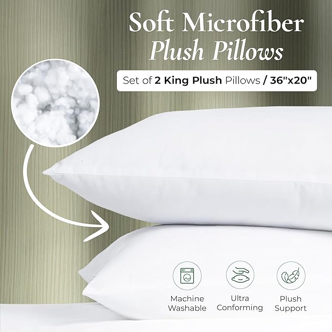 Fern and Willow King Size Bed Pillows - Set of 2, 36"x20" - Luxurious Ultra-Soft Cooling Pillow - Hotel Quality, Down Alternative Fill - Ideal Gift for Side, Back & Stomach Sleepers