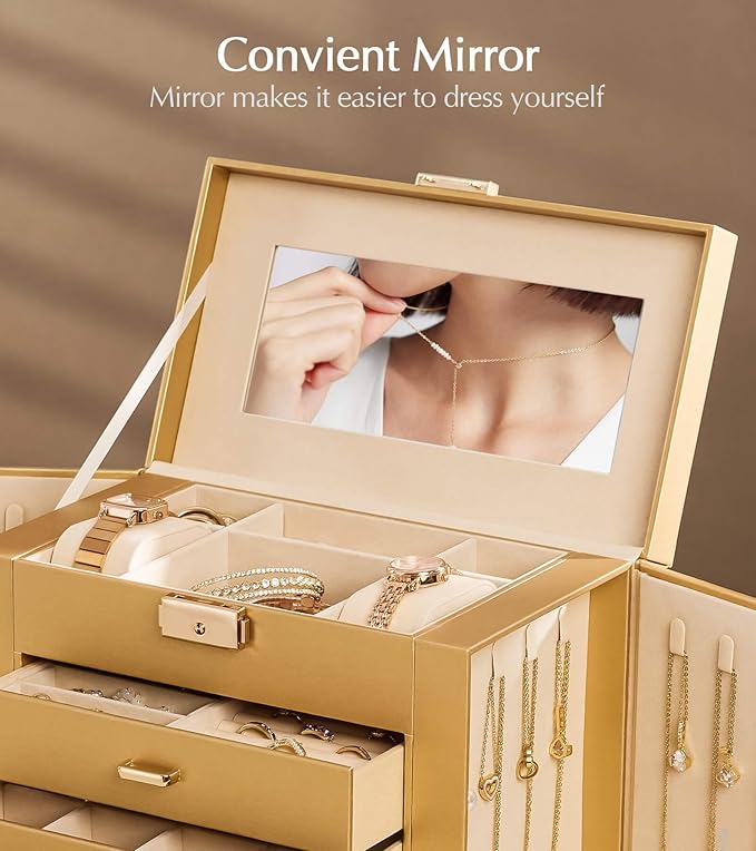 Valentine's Day Gifts Homde Synthetic Leather Huge Jewelry Box Mirrored Watch Organizer Necklace Ring Earring Storage Lockable Gift Case (Gold)