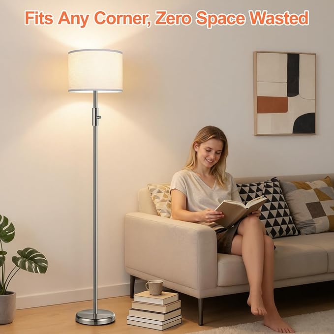 Floor Lamp Simple Design with White Shade, Small Tall Lamps for Living Room Bedroom Office Dining Room Kitchen, Sliver Pole Lamp-Sliver