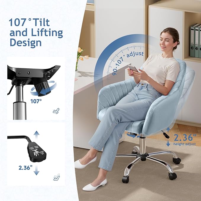 Warmiehomy Velvet Desk Chair for Home Office, Modern Adjustable Swivel Task Chair, Women Vanity Chairs with Arm Rest for Bedroom Dressing Room, Light Blue