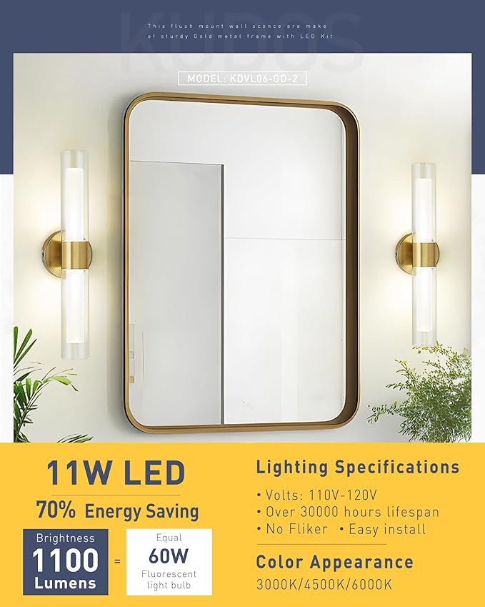 kudos Gold Bathroom Sconces Wall Lighting, Bathroom Vanity Light, Modern Wall Lights with Clear Glass and Frosted Glass,3000K/4500K/6000K Adjustable, KDVL06-GD-2