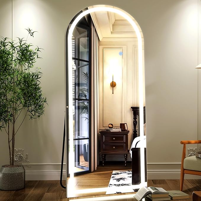 GLSLAND Arched LED Full Length Mirror - 65"x26" Full Body Standing Mirrors with Light for Bedroom/Cloakroom -Dimmable & 3 Color Lighting/Wall Mounted