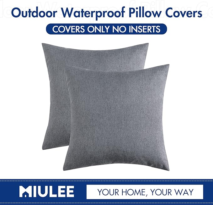 MIULEE Pack of 2 Decorative Outdoor Solid Waterproof Throw Pillow Covers Euro Sham Faux Linen Garden Farmhouse Cushion Cases for Patio Tent Balcony Couch Sofa 22x22 Inch Dark Grey