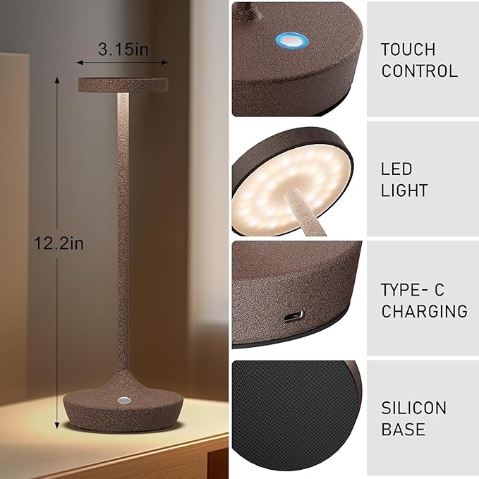 Rechargeable Cordless Table Lamp, LED Portable Powered LED Battery Light 6000mAh USB Desk Lamp Outdoor Waterproof Table Lamps for Patio Restaurant Dining (2 Rust)