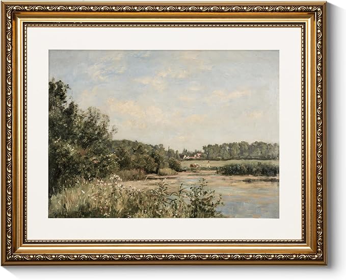 ARPEOTCY Vintage Gold Framed Wall Art Decor, Nature Landscape RiversideTrees Paintings, Victorian Wall Decor for Living Room Bedroom Bathroom, Canvas Prints Antique Frame Artwork, 13x16 inch
