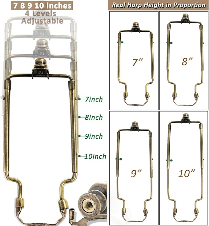 7 8 9 10 inch Lamp Shade Harp Holder,Antique Brass Lamp Harp Kit,Fit Both Standard Lamp Rod and E26 Light Base UNO Fitter Adapter,with 2 Shade Attaching Finial Top (Bronze Color - 1 Set)