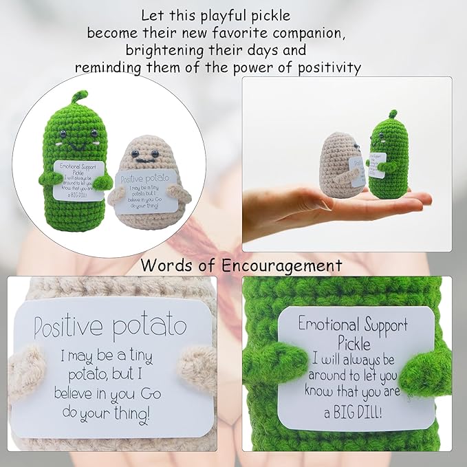 Mini Funny Positive Potato Birthday Gifts for Women Men, 2PCS Emotional Support Pickle Crochet Cucumber Doll Inspirational Gifts for Friends Coworker, Cute Room Decor Boys Girls Stocking Stuffers