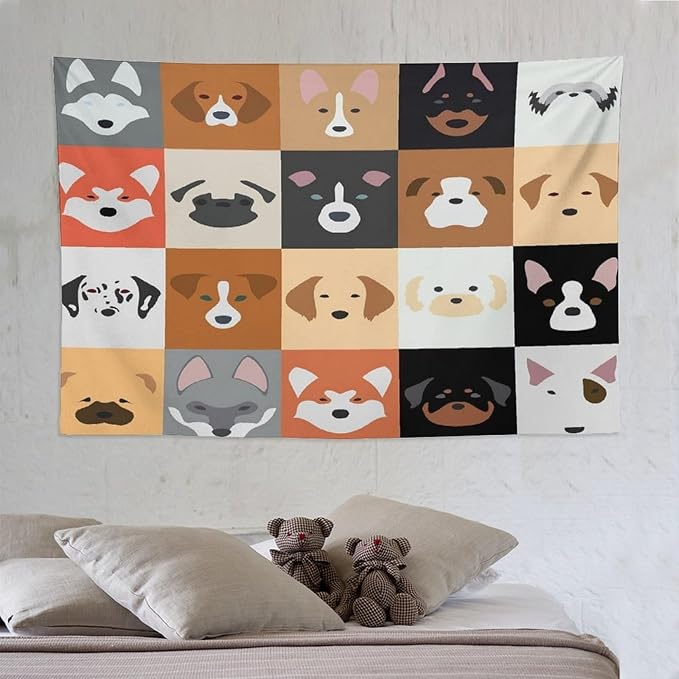 VUMIVI Dog Tapestry Funny Cartoon Pet Patterns Colorful Illustrations Square Animals Tapestry Wall Hanging for Living Room Bedroom Dorm Classroom Aesthetic Decor W90xL60in