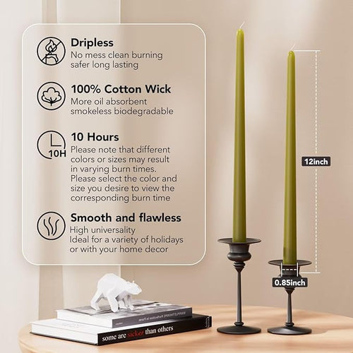 12-Inch Tall Dripless Taper Candles Set of 4 - Olive Green Tapered Candles, Perfect for Halloween - Smokeless, Unscented, Long Burning - Hand Poured, Colored Tall Candlesticks - Oliva