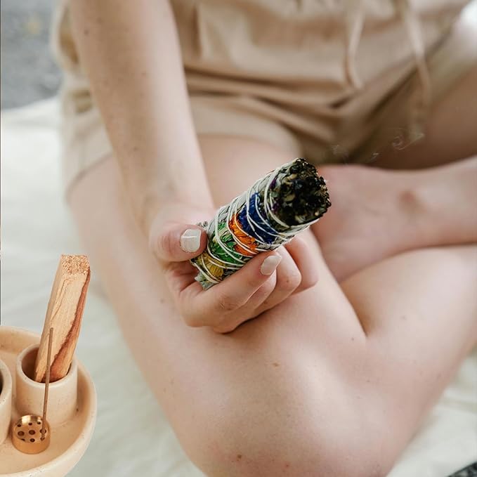 4 in 1 Incense Holder, Ceramic Incense Stick and Palo Santo Holder,Sage Holder for Burning- 5.5" Ceramic Ash Catcher Tray for Meditation and Yoga Room (Sand Gravel)