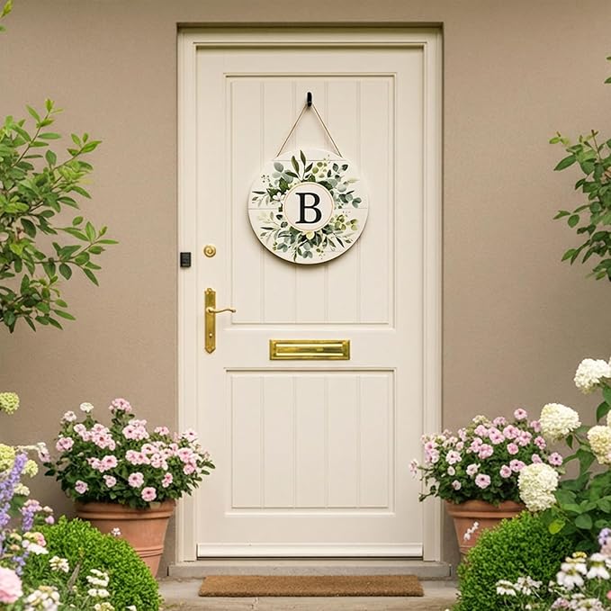 Smile Monogram Letter B Wreaths Wooden Welcome Sign, Family Last Name Initial Front Door Wall Decoration, Floral Spring Summer Porch Rustic Home Kitchen Decor