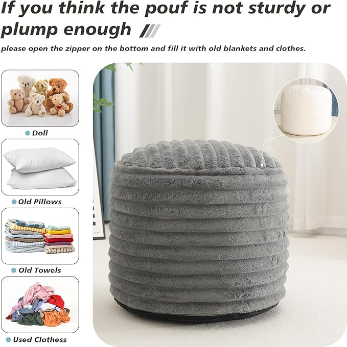 Pouf Ottoman Stuffed Round for Foot Rest, Faux Fur Poufs with Foam Chunk Filling, Storage Ottoman Pouf Foot Stool Cushion, 26 X 18 Inch Floor Chair for Living Room Bedroom Home Decor, Light Gray