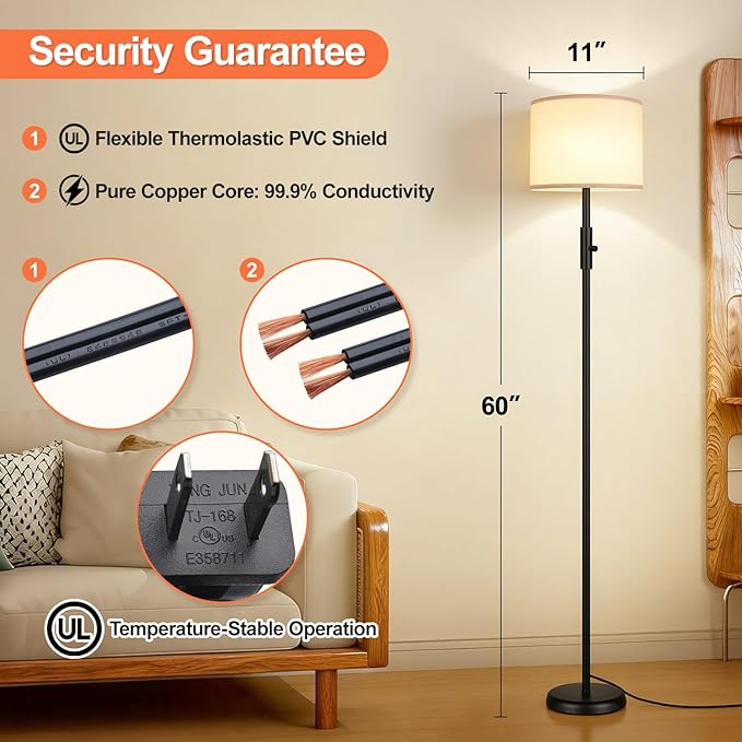 【Upgraded】 Dimmable Floor Lamp for Living Room,1000 Lumens Bulb Included, Modern Floor Lamps Simple Design with Linen Shade, Tall Standing Lamp for Bedroom Office Dining Room, Black Pole Lamp