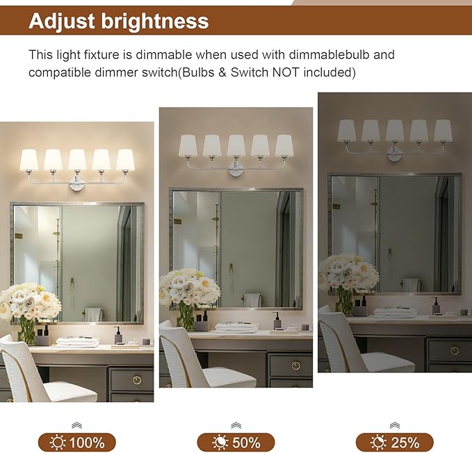 Kvhilw Bathroom Vanity Light, Brushed Nickel Bathroom Light Fixtures, 5-Light Lighting Fixtures Over Miror, Modern Wall Sconce with Flared White Fabric Shade, E26 Socket(ETL Listed)