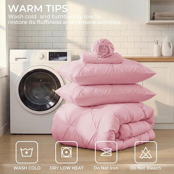 Sasttie Twin XL Comforter Set, 5-Piece Bed in a Bag, Pintuck Bedding Set for All Season, Includes Comforter, Flat Sheet, Fitted Sheet, Pillowcase and Pillowsham, Baby Pink