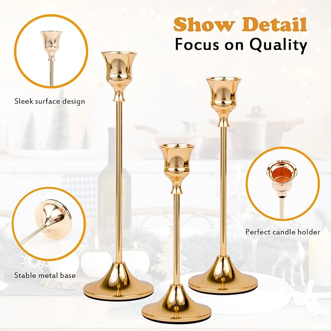 Candlestick Holders Brass Gold Metal Taper Candle Holders, Set of 6 Vintage Decorative Centerpiece Candelabra Tall Candle Stands for Table Mantel Wedding Housewarming