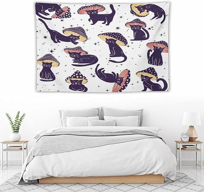VUMIVI Funny Cat Mushroom Tapestry Retro 70s Hippie Style Cute Black Kitten Star Aesthetic Art Print Tapestry Wall Hanging for Living Room Bedroom Dorm Classroom Aesthetic Decor W90xL60in