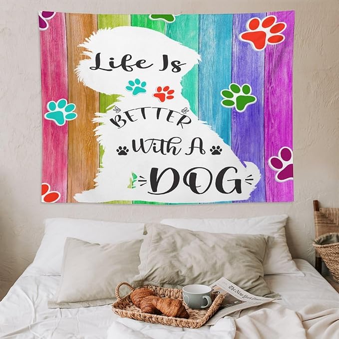 VUMIVI Cute Dog Tapestry Rainbow Color Planks Rustic Farmhouse Home Decor Pet Paws Tapestry Wall Hanging for Living Room Bedroom Dorm Classroom Aesthetic Decor W80xL60in