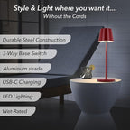 Generation Lighting Mena Accent Rechargeable Table Lamp – 14.5” Dark Red Steel Lamp with 3-Way Base Switch, 2.4W Up/Down LED at 2700K, 260 Lumens, USB-C, Wet Rated (8000701-211)