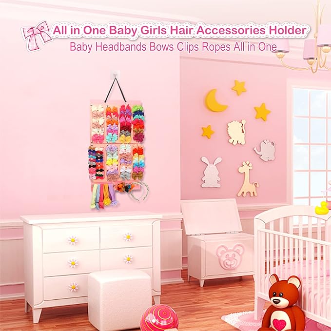 Vimiv Hair Bows Holder & Organizer w/Large Capacity, 16 Ribbons,Bows Organizer, Baby Hair Accessory Storage Display with Sturdy Rope, Wall Hanging for Girl Room & Nursery Decor