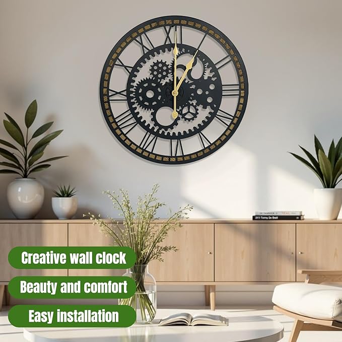 24 Inch Wall Clock, Gear Clock, Silent Non Ticking, Battery Operated Large Wall Clocks for Living Room Decor, Kitchen, Office (Vintage Industrial Steampunk)