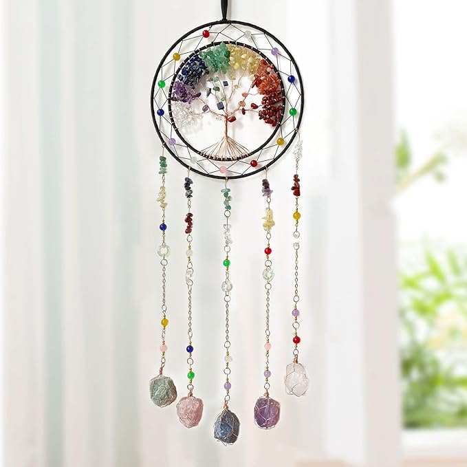 Crystal Tree of Life Dream Catchers with Stone Pendant Colorful Dream Catcher Wall Decor Handmade Dreamcatcher Wall Hanging Ornament for Bedroom Living Room Home Decor