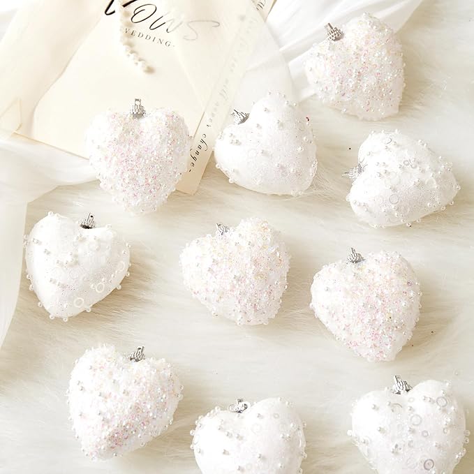 White Valentine's Day Heart Ornaments 10Pcs Glitter Sequin Heart Shaped Baubles Decoration Valentines Pearl Foam Hanging Decor(2.36in)