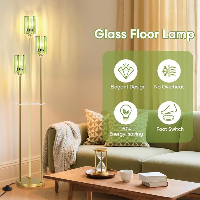 Gold Floor Lamps for Living Room, Modern Floor Lamp with Shelves, Mid Century Crystal Standing Lamps with Table, Brass Tall Lamp with Crystal Shade Vintage Retro Corner Floor Lamp for Bedroom, Green