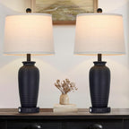25" Retro Black Farmhouse Jar Table Lamps Set of 2, 3 Way Touch Control Rustic Bedside Lamps with USB A+C Ports & AC Outlet, Pot Nightstand Lamps for Bedroom Living Room (LED Bulbs Included)
