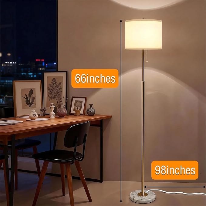 Modern Floor Lamp for Living Room with White Shade, Pull Chain Switch, 66" Tall Industrial Floor Lamps Reading with Marble Base for Bedroom Office (9W LED Bulb Included) -Gold