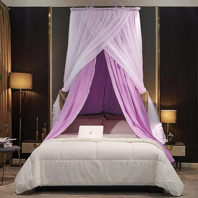 Kertnic Luxurious Bed Canopy for Girls & Adults - Double Layer Princess Canopy with Lace, Round Dome Mosquito Netting for Queen/King Bed Tent (Purple)