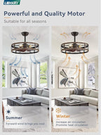 LEDIARY 22 Inch Caged Ceiling Fan with Light, Fandelier Farmhouse Ceiling Fan with Remote, Small Bladeless Fan Lights Ceiling Fixtures for Kitchen, Bedroom, Outdoor-Black and Gold