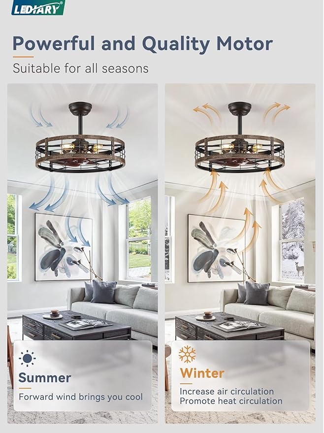 LEDIARY 22 Inch Caged Ceiling Fan with Light, Fandelier Farmhouse Ceiling Fan with Remote, Small Bladeless Fan Lights Ceiling Fixtures for Kitchen, Bedroom, Outdoor-Black and Gold