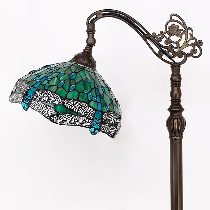 Tiffany Floor Lamp Stained Glass Lamp 18.88X12X67 Inch Angle Adjustable Arched Gooseneck Antique Reading Light (Green Dragonfly)